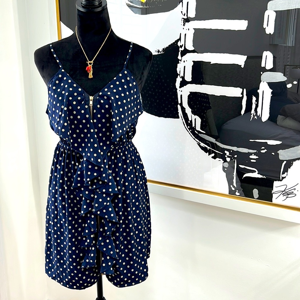 Alya Blue and Tan Polka Dot Ruffle Zippered Dress, Size M